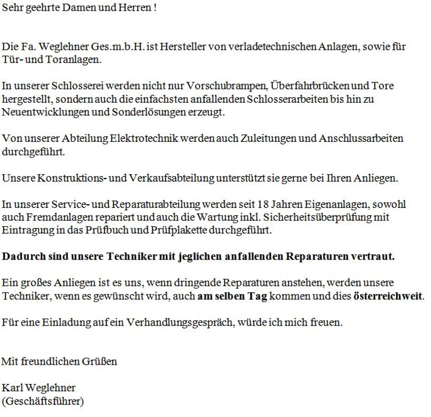 News – Presentation Letter – Weglehner Ges.m.b.H.